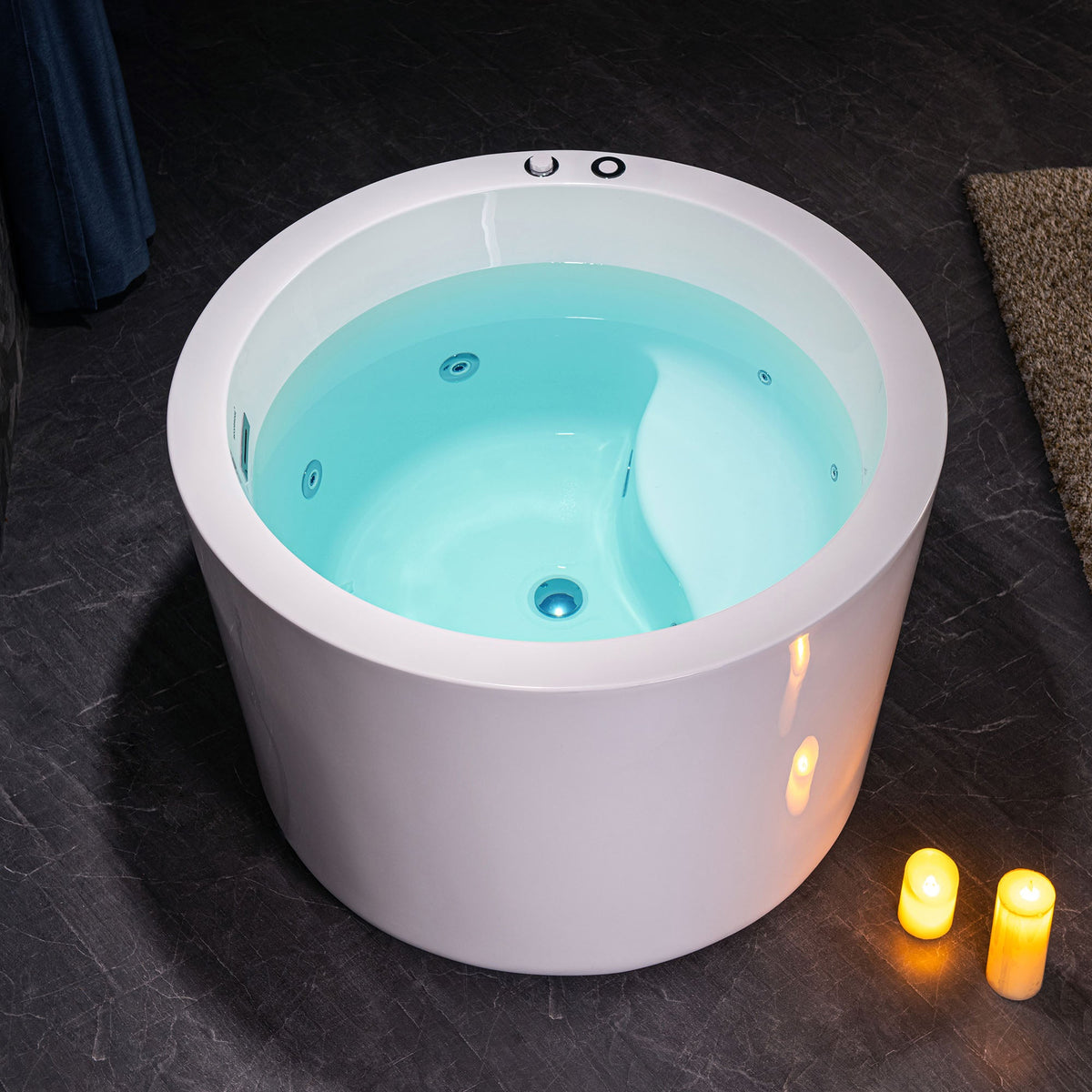 WOODBRIDGE 41 in. x 41 in. Acrylic Round Whirlpool Bathtub with Inline Heater, Pre‑Molded Seat, Reversible Drain, White