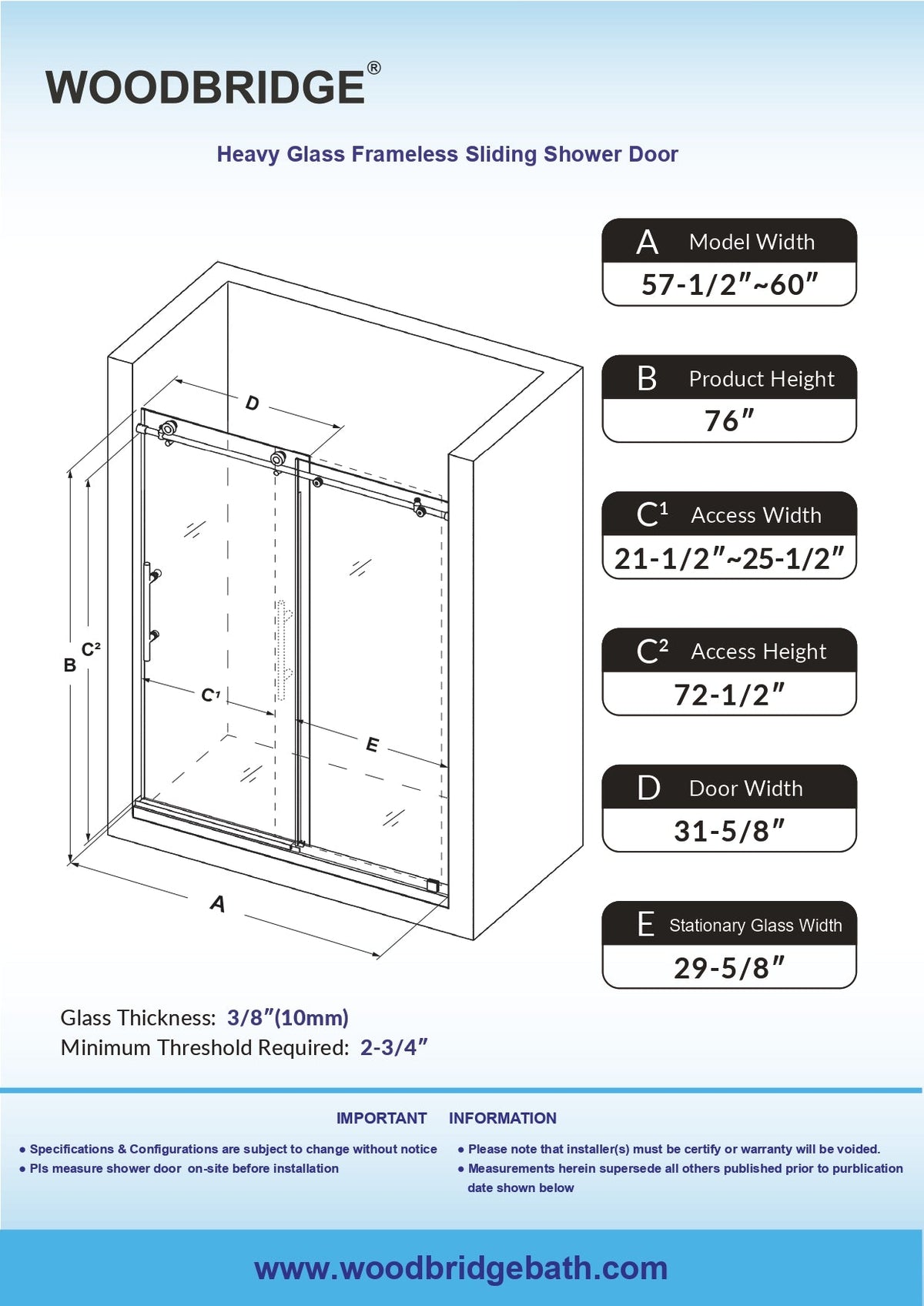 WOODBRIDGE 60 in. W x 76 in. H Sliding Frameless Shower Door with Soft Close System and 3/8 in. Clear Glass, Matte Black