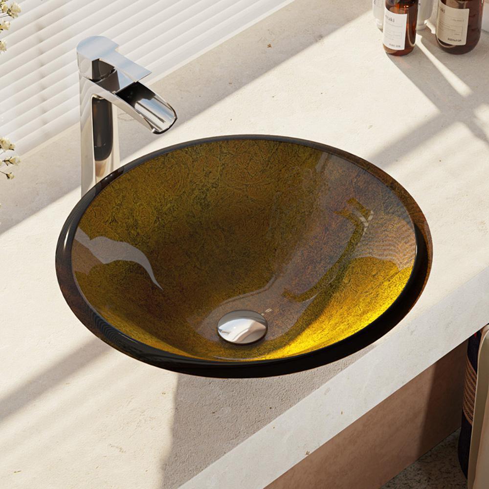 Glass Vessel Sink in Crystal with R9-7007 Faucet and Pop-Up Drain in Chrome - Super Arbor