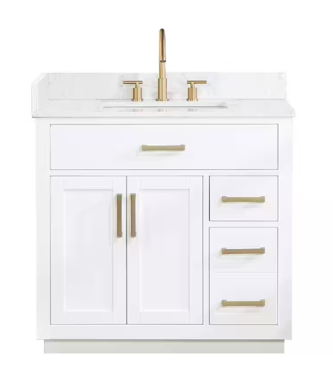 Gavino 36 in. W x 22 in. D x 34 in. H Bath Vanity in White with Grain White Composite Stone Top