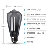 Feit Electric 60-Watt Equivalent ST19 Dimmable LED Smoke Glass Vintage Edison Light Bulb With Straight Filament Daylight (4-Pack)