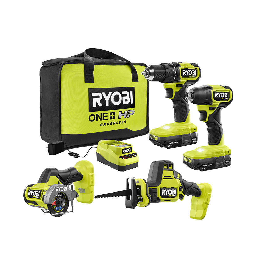 RYOBI ONE+ 18V HP Brushless Cordless 4-Tool Combo Kit with (2) Batteries, Charger, Bag + Free Jig Saw