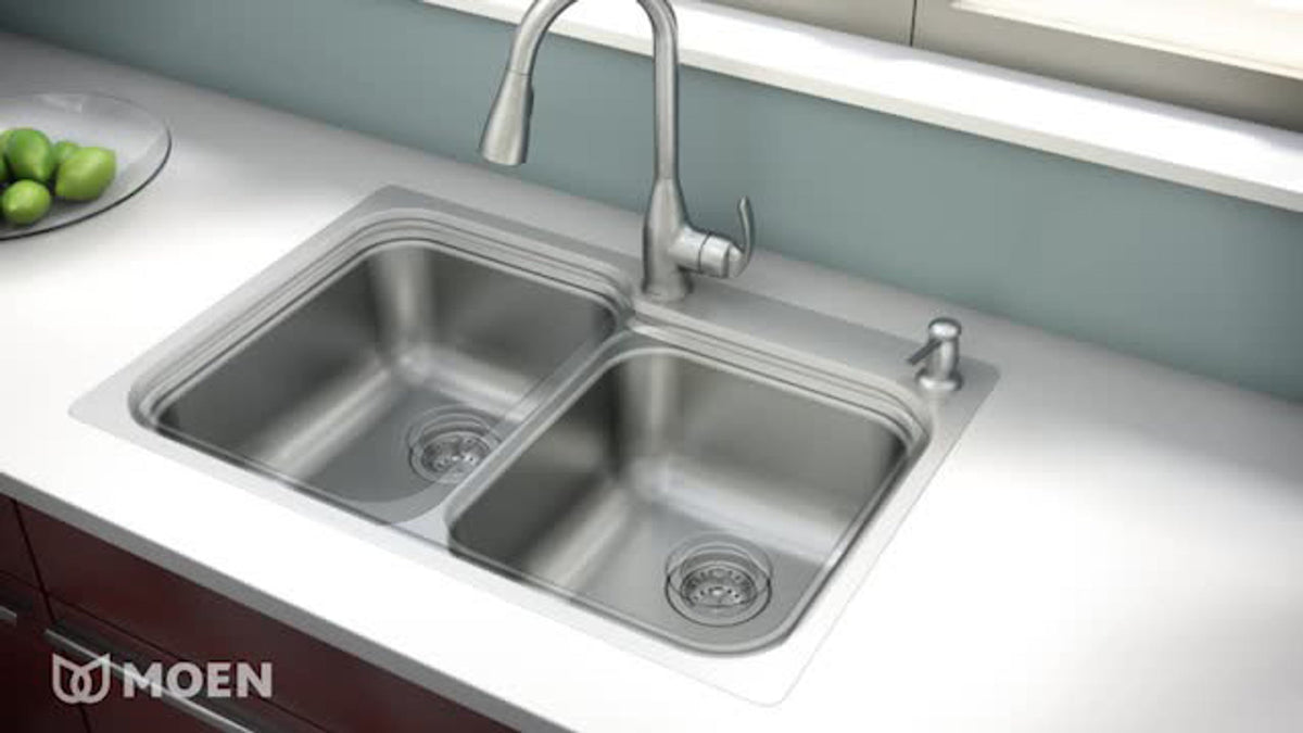 Moen Kelsa 33-in x 22-in Stainless Steel Double Equal Bowl Drop-In or Undermount 2-Hole Residential Kitchen Sink All-in-One Kit