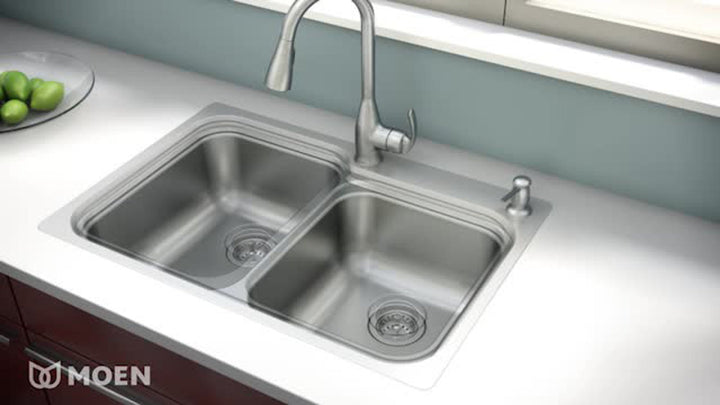 Moen Kelsa 33-in x 22-in Stainless Steel Double Equal Bowl Drop-In or Undermount 2-Hole Residential Kitchen Sink All-in-One Kit