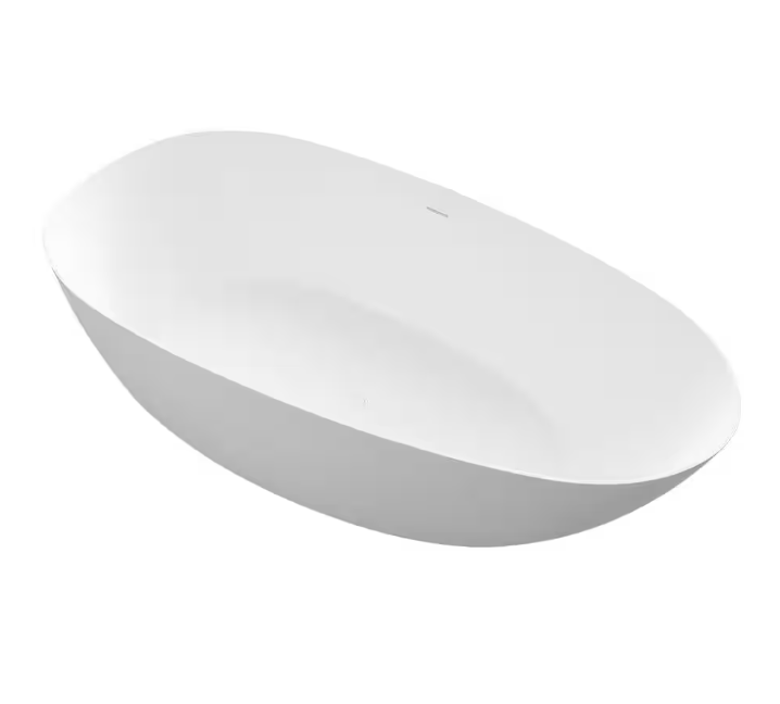 59 in. Stone Resin Flatbottom Solid Surface Freestanding Soaking Bathtub in White with Drain
