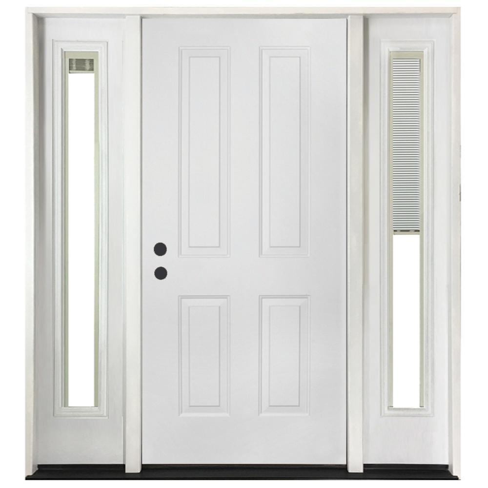 64 in. x 80 in. 4-Panel Primed White Right-Hand Steel Prehung Front Door with 12 in. Mini Blind Sidelites 4 in. Wall - Super Arbor