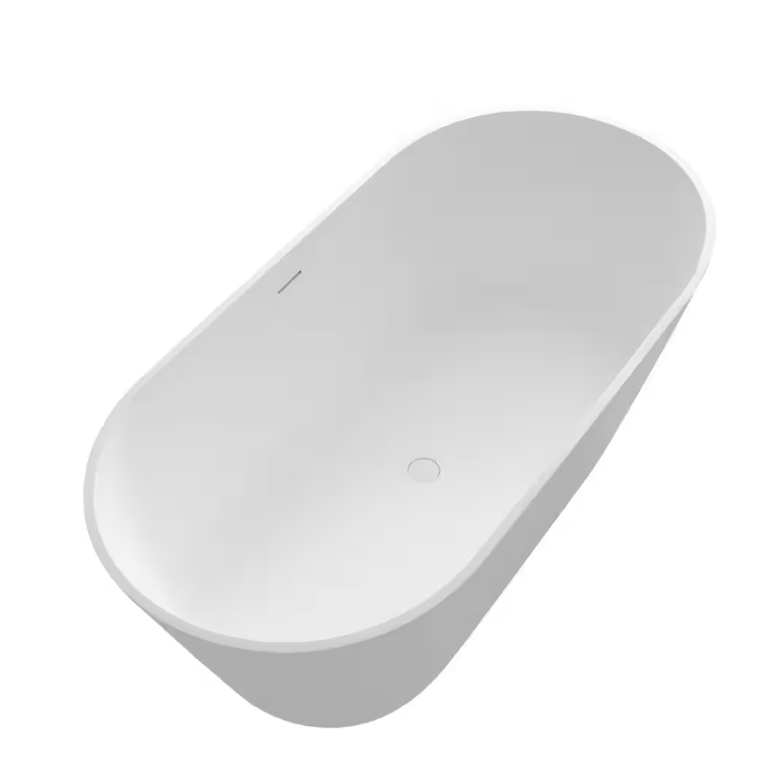 63 in. Stone Resin Flatbottom Solid Surface Freestanding Soaking Bathtub in White with Drain