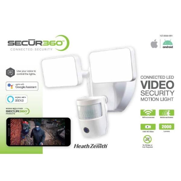 SECUR360 Wi-Fi Connected White Wired Twin Head Voice Activated Motion Activated Outdoor LED Security Flood Light 2000 Lumens