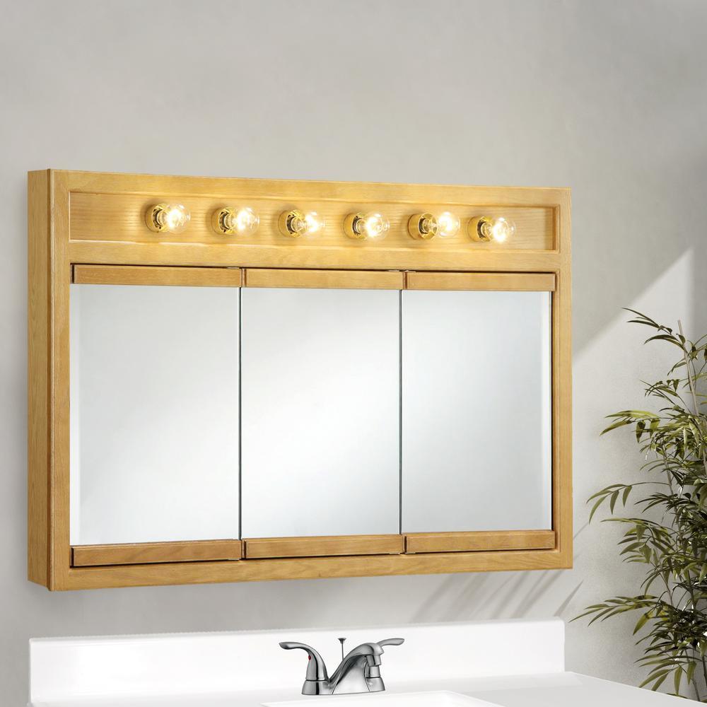 Richland 48 in. W x 30 in. H x 5 in. D Framed 6-Light Tri-View Surface-Mount Bathroom Medicine Cabinet in Nutmeg Oak - Super Arbor