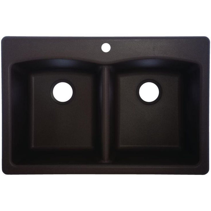 Dual Mount Composite Granite 33 in. 1-Hole Double Bowl Kitchen Sink in Mocha