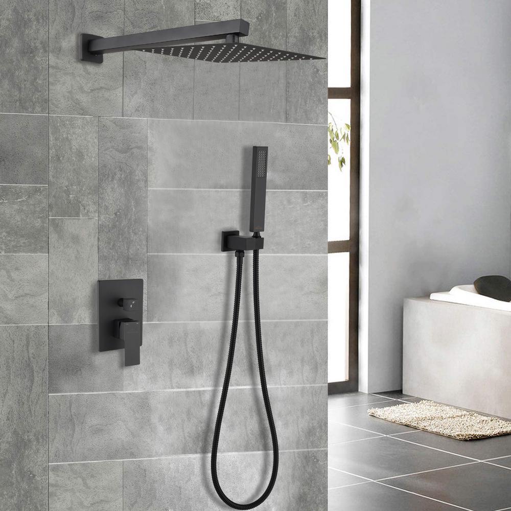 Shower System Wall Mounted with 10 in. Square Rainfall Shower head and Handheld Shower Head Set, Matte Black - Super Arbor