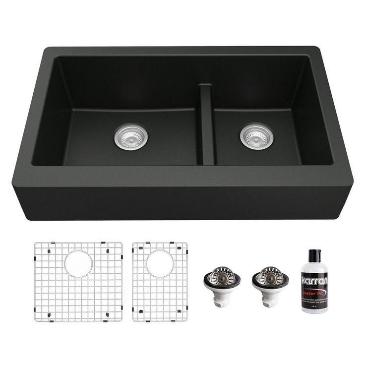 Retrofit Apron-Front Quartz/Granite composite 34 in. Double Bowl 60/40 Farmhouse Kitchen Sink Kit in Black