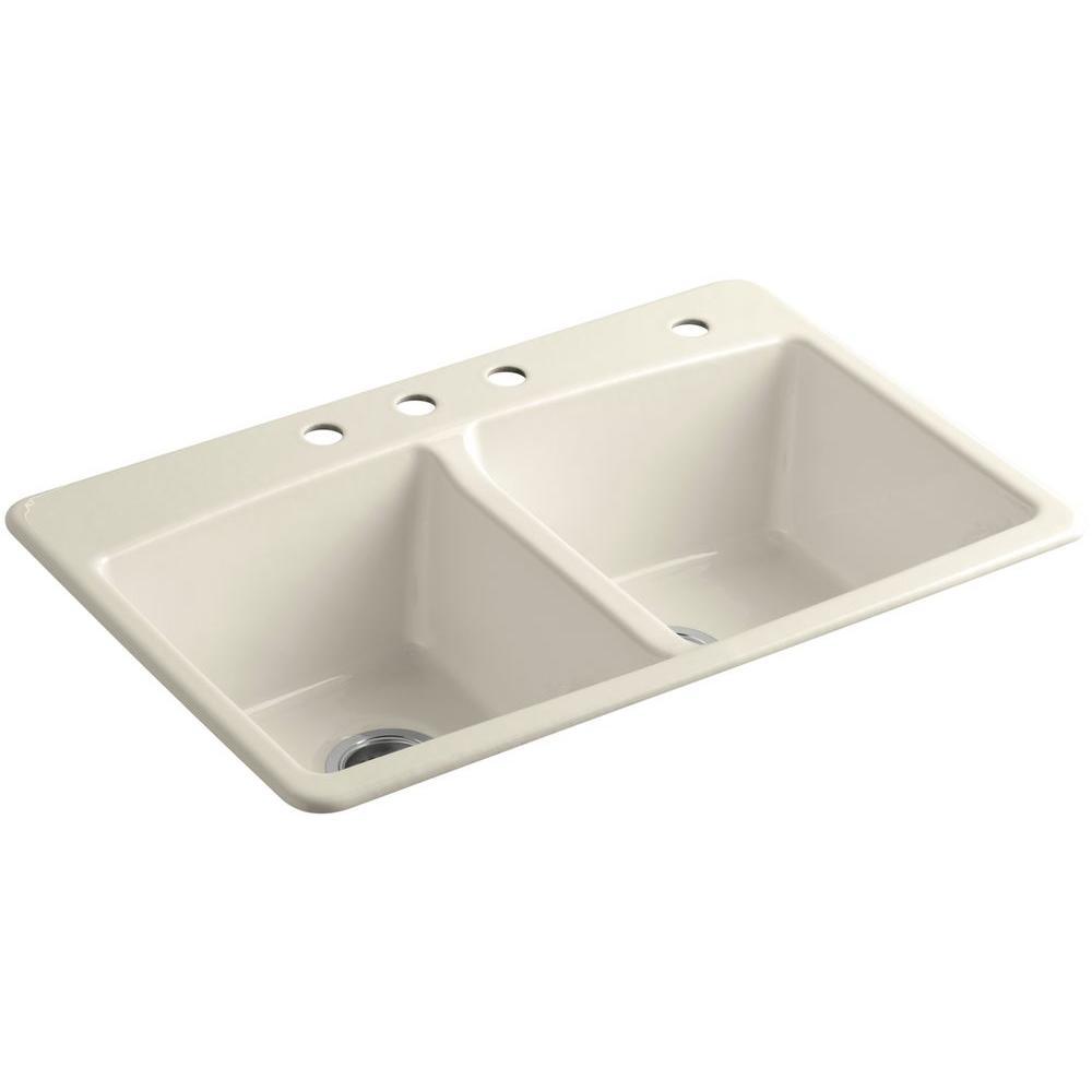 Brookfield Drop-In Cast Iron 33 in. 4-Hole Double Bowl Kitchen Sink in White - Super Arbor