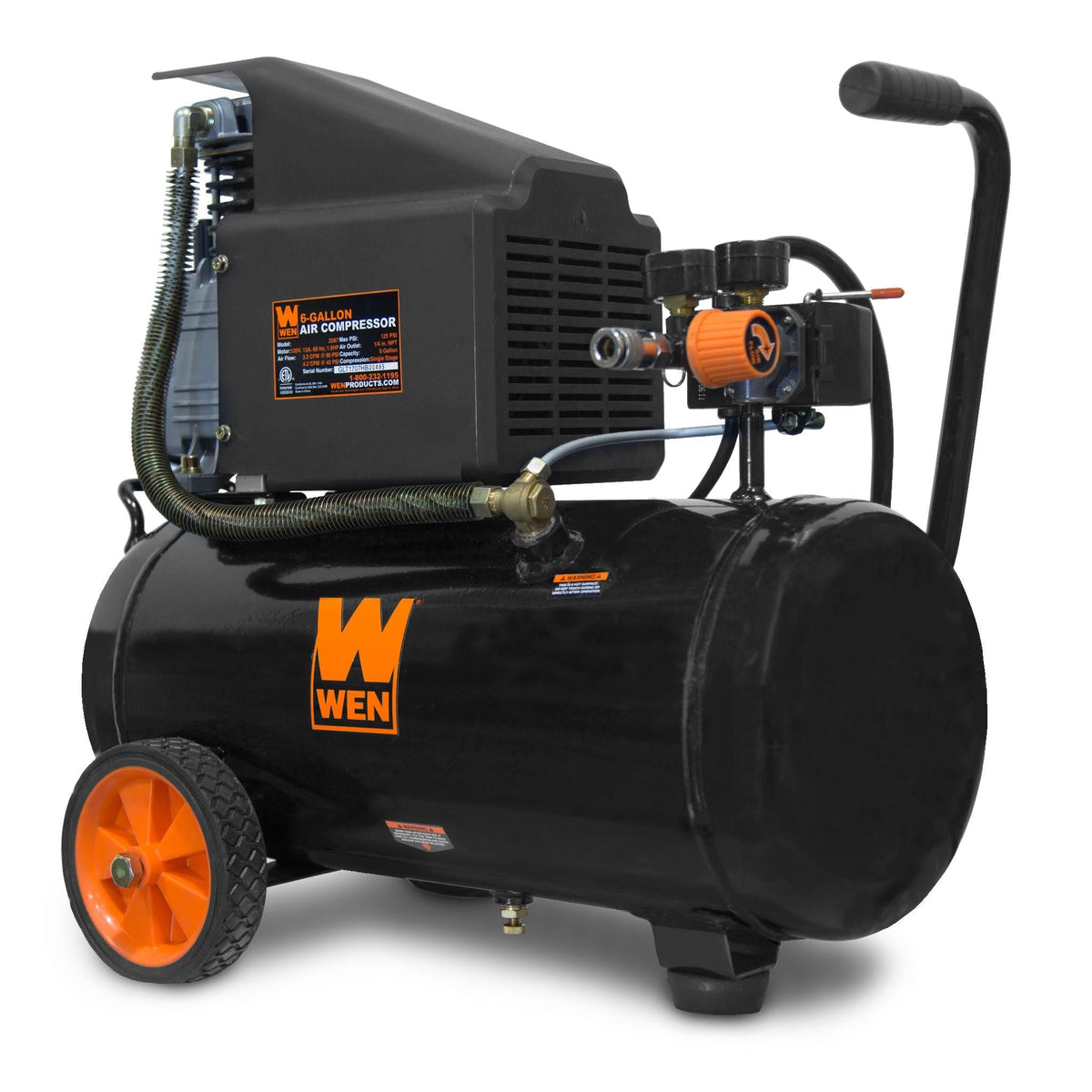 WEN 6 Gal. Oil-Lubricated Portable Horizontal Air Compressor, 125 PSI, Model 2287