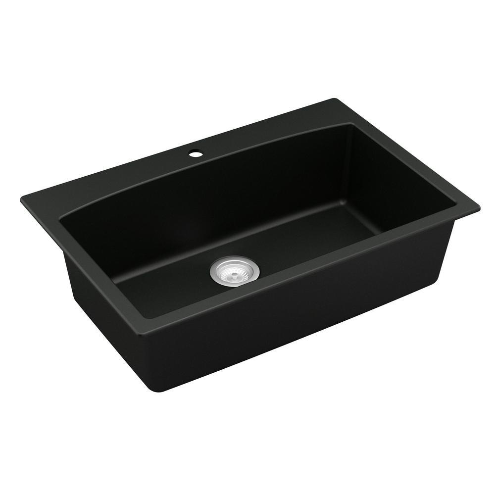 Drop-In Quartz Composite 33 in. 1-Hole Single Bowl Kitchen Sink in Black - Super Arbor
