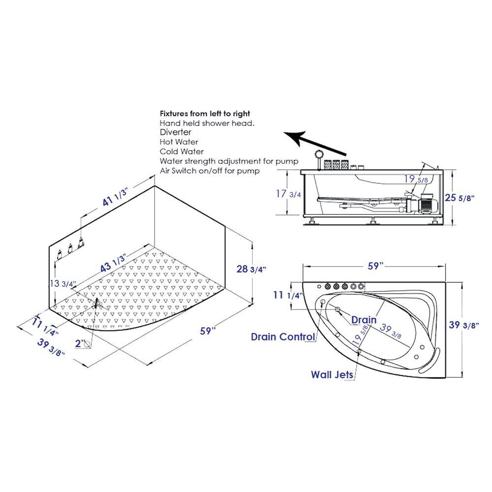 59 in. Acrylic Left Drain Corner Apron Front Whirlpool Bathtub in White - Super Arbor