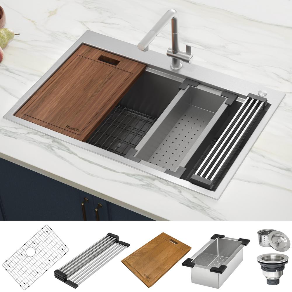Drop-In Stainless Steel 33 in. Workstation Ledge Topmount Kitchen Sink 16-Gauge Single Bowl - Super Arbor