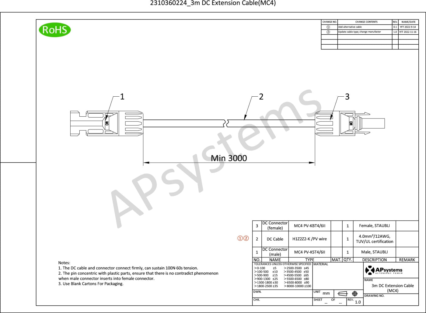 APsystems MC4 DC Extension Cable 3M