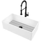 Matte Stone White Composite 33 in. Single Bowl Flat Farmhouse Kitchen Sink with Strainer, Grid and Faucet in Black