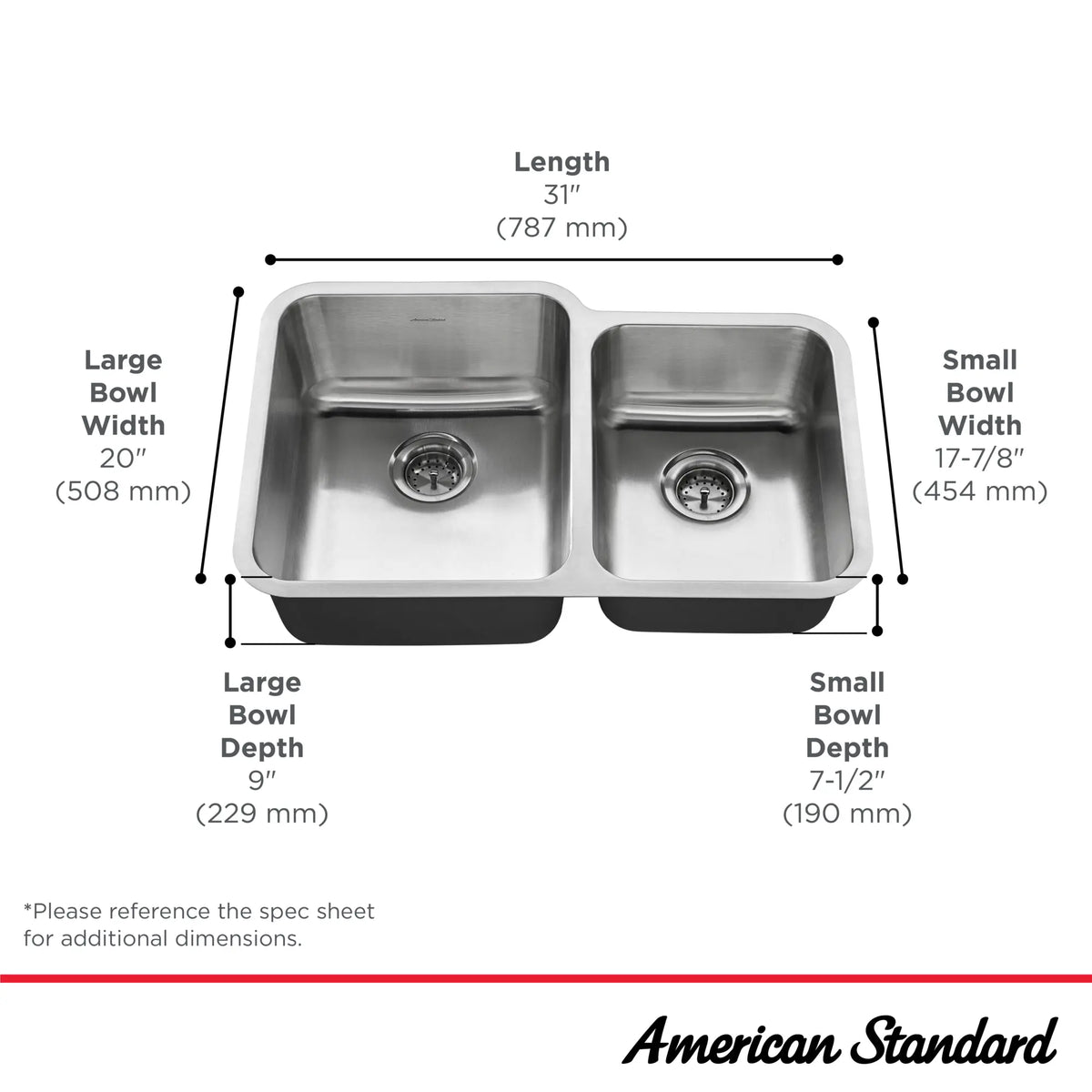 American Standard Danville 31-in x 20-in Stainless Steel Double Offset Bowl Undermount Residential Kitchen Sink