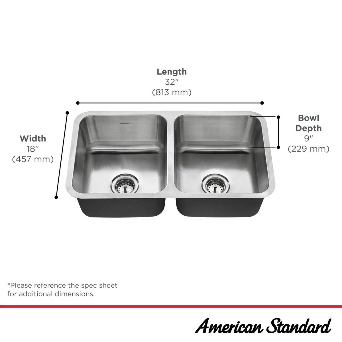 American Standard Danville 32 x 18-in Stainless Steel Double Equal Bowl Undermount Residential Kitchen Sink