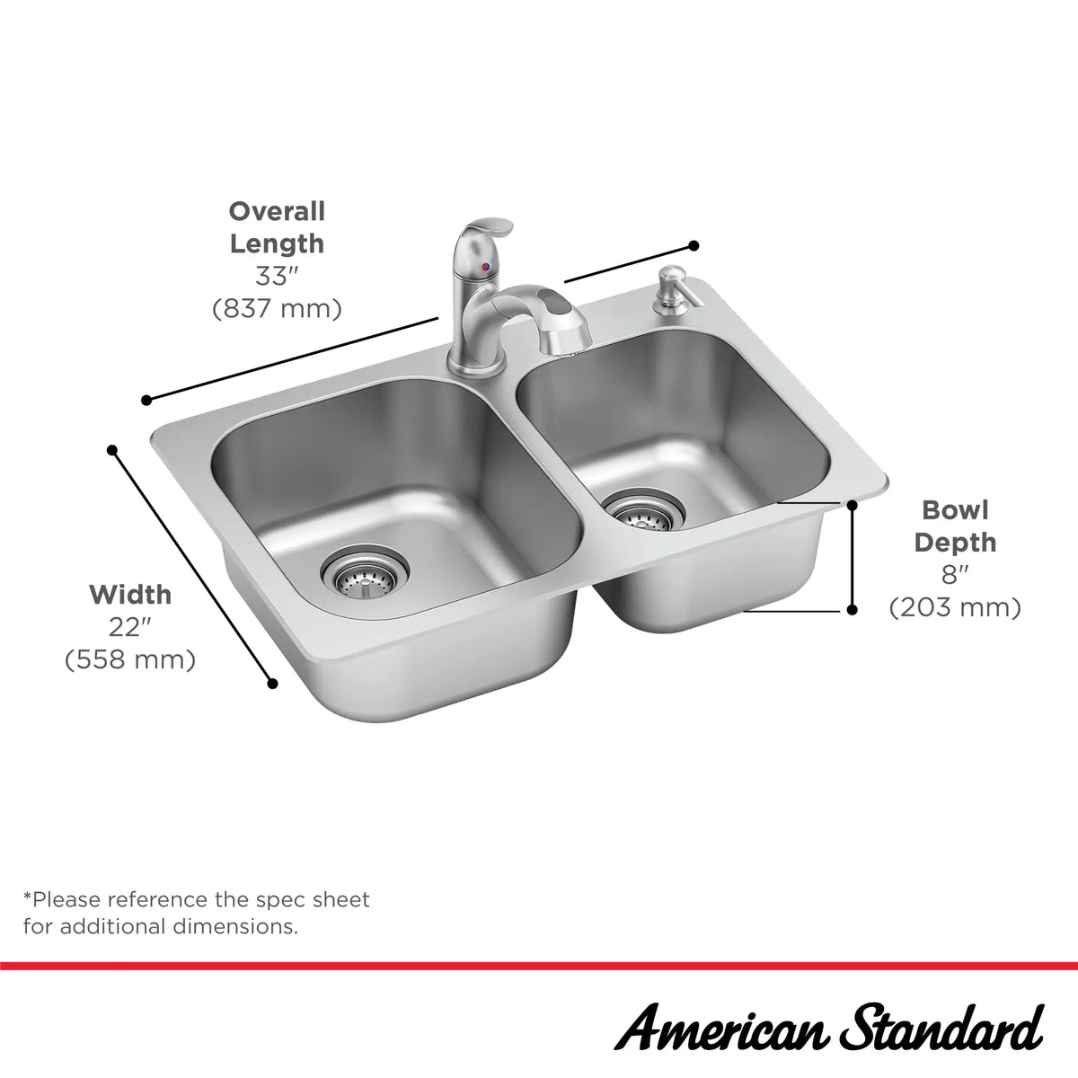 American Standard Sullivan 33-in x 22-in Stainless Steel Double Offset Bowl Drop-In 2-Hole Kitchen Sink All-in-One Kit with Faucet & Soap Dispenser