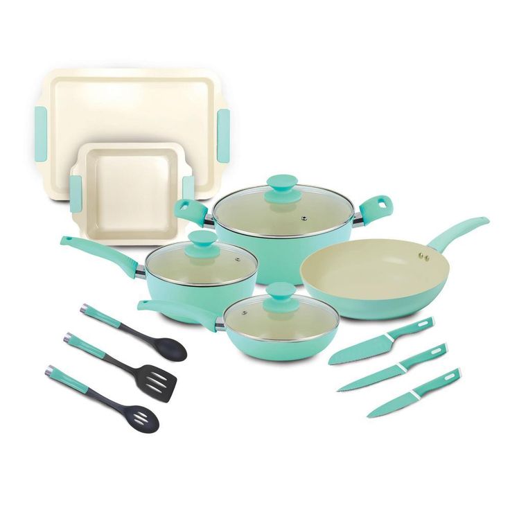 Crema Collection 15-Piece Aluminum Nonstick Cookware Set in Green