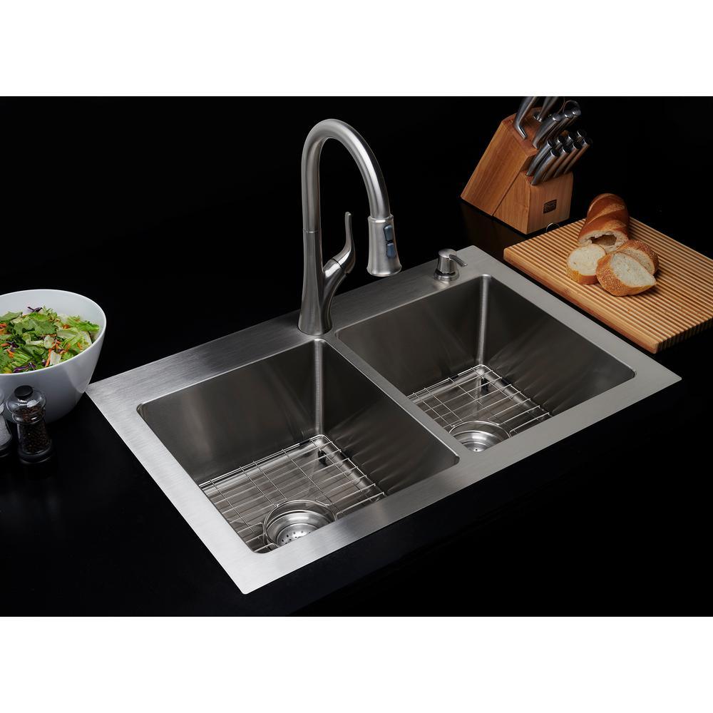 All-in-One Dual Mount Stainless Steel 33 in. 2-Hole 50/50 Double Bowl Kitchen Sink in Brushed Finish - Super Arbor