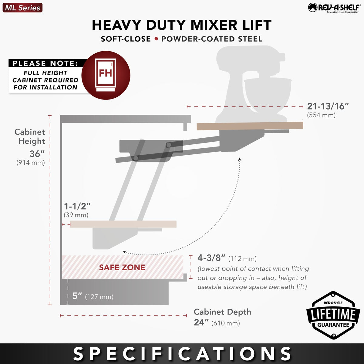 Rev-A-Shelf ML Series Heavy-Duty Mixer Lift with Soft-Close, 11-3/4 in W x 20 in D Maple Shelf