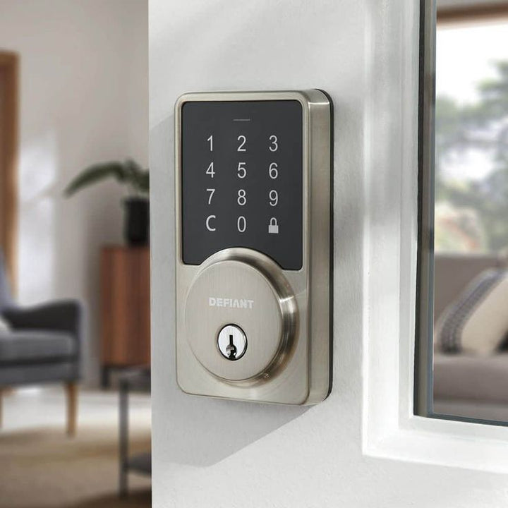 Defiant Square Satin Nickel Smart Wi-Fi Deadbolt Powered By Hubspace