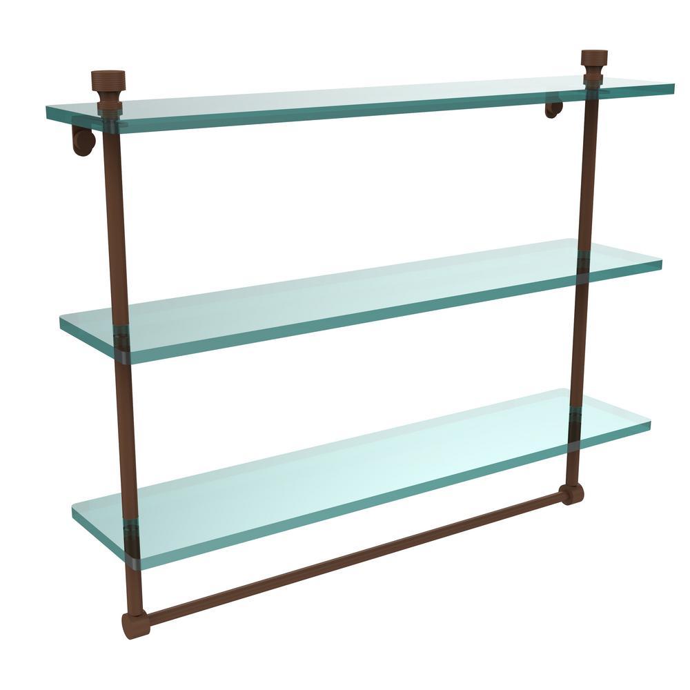 Foxtrot 22 in. L  x 18 in. H  x 5 in. W 3-Tier Clear Glass Bathroom Shelf with Towel Bar in Satin Nickel - Super Arbor