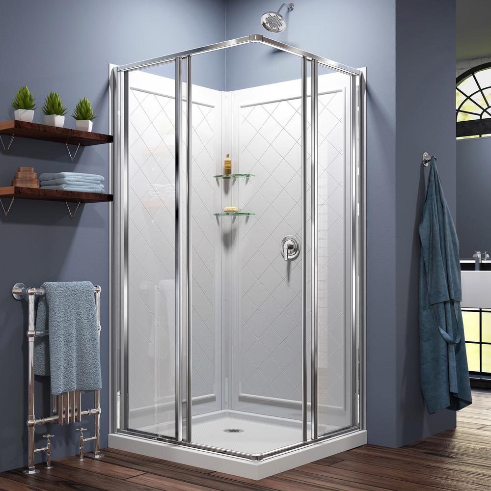 Cornerview 36x36x76.75 in. Framed Corner Sliding Shower Enclosure in Chrome with Acrylic Base and Back Walls Kit - Super Arbor