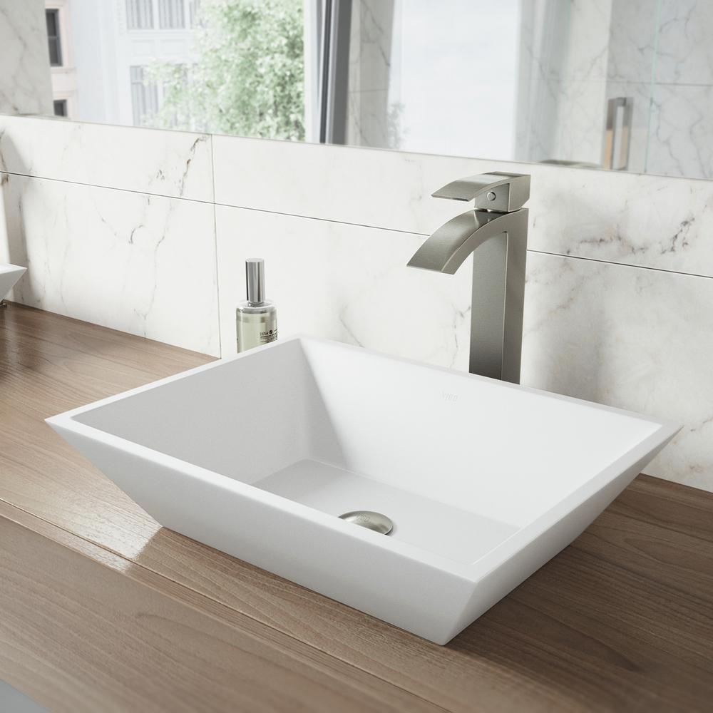 Vinca Matte Stone Vessel Bathroom Sink in White with Duris Faucet in Matte Gold - Super Arbor