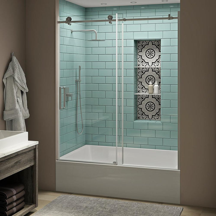 Coraline XL 56 - 60 in. x 70 in. Frameless Sliding Tub Door with StarCast Clear Glass in Stainless Steel, Left Opening - Super Arbor
