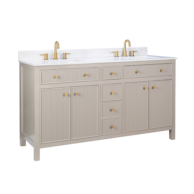 allen + roth Sandbanks 60-in Greige Undermount Double Sink Bathroom Vanity with White Engineered Stone Top