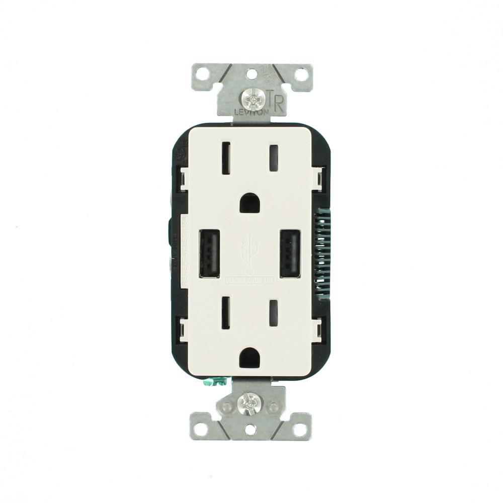 3.6A USB Dual Type A In-Wall Charger with 15 Amp Tamper-Resistant Outlets, White - Super Arbor