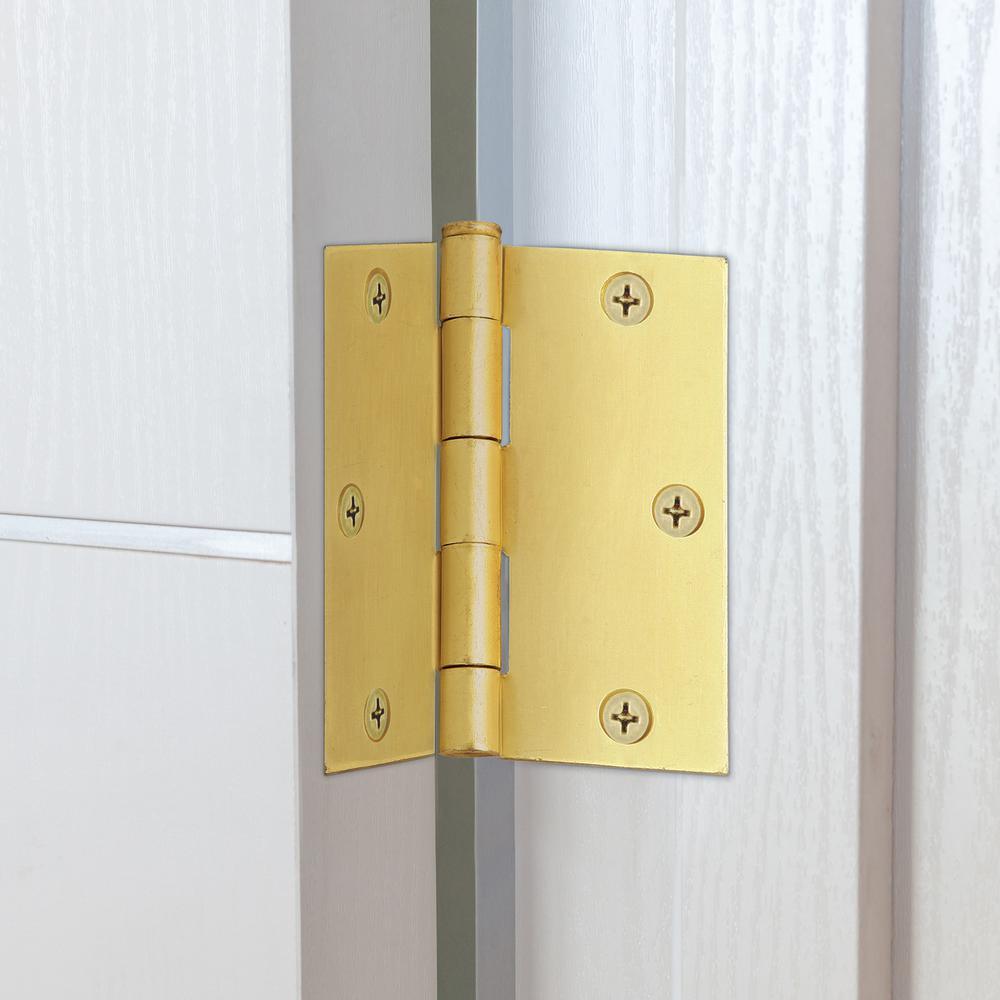 3-1/2 in. Square Corner Satin Brass Door Hinge Value Pack (10 per Pack) - Super Arbor