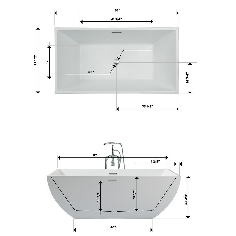 67 in. Acrylic Center Drain Rectangle Flat Bottom Freestanding Bathtub in White - Super Arbor