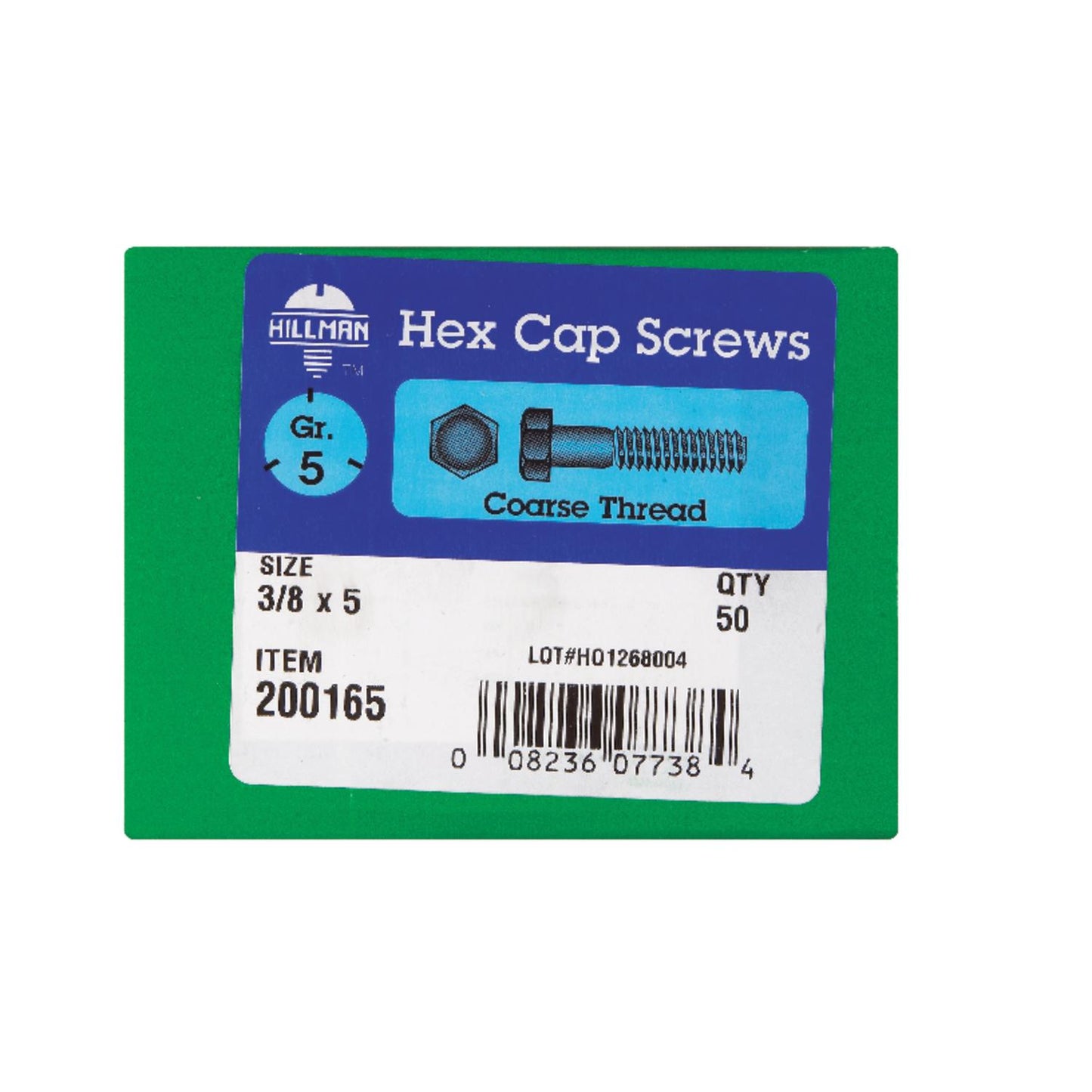 Hillman 3/8 in. Diameter x 5 in. Length Grade 5 Heat-Treated Zinc Steel Hex Head Cap Screws, Coarse Thread, 50-Pack