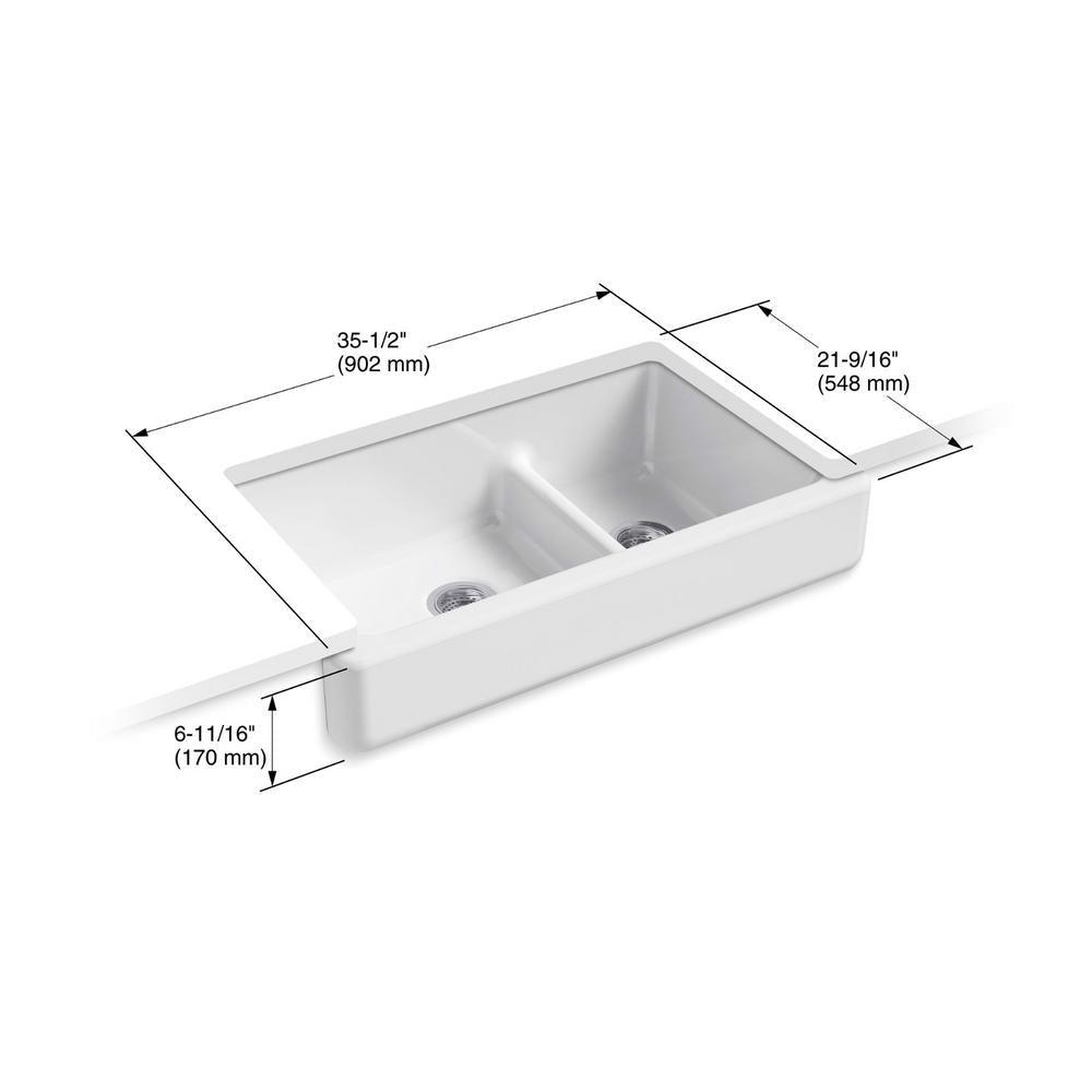 Whitehaven Farmhouse Undermount Apron Front Cast Iron 36 in. Double Bowl with Smart Divide Kitchen Sink in White - Super Arbor