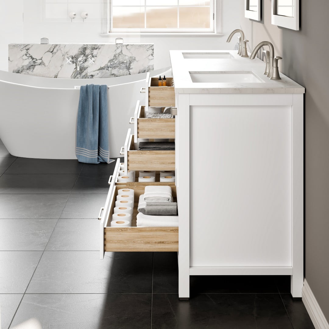 Eviva Frontier 84"W x 22"D White Double Sink Bathroom Vanity with White Carrara Marble Countertop and Undermount Porcelain Sinks