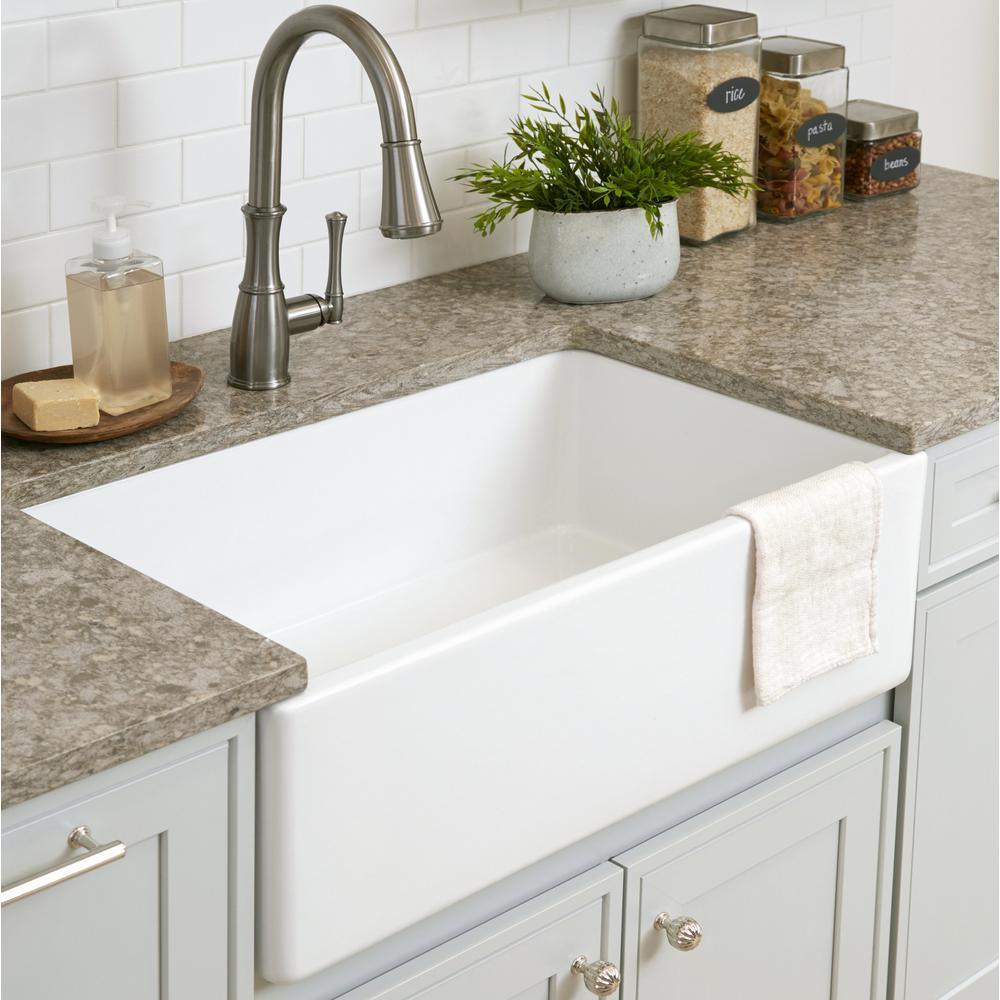 Bradstreet II Farmhouse Fireclay 30 in. Single Bowl Kitchen Sink with Strainer Drain in Crisp White - Super Arbor