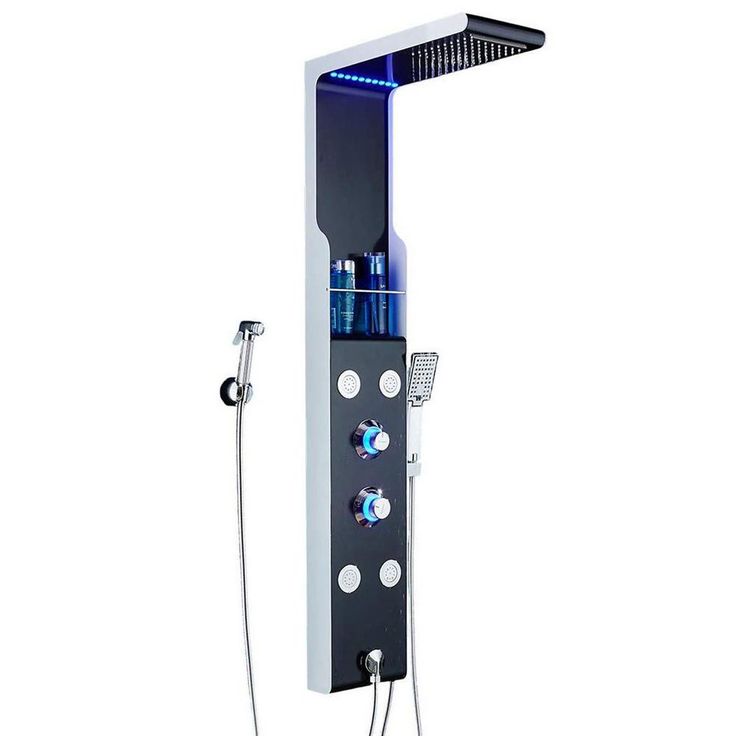 53 in. 4-Jet Shower Panel System with Shelf LED Rainfall Waterfall Head Handshower and Bidet Sprayer in Silver Black