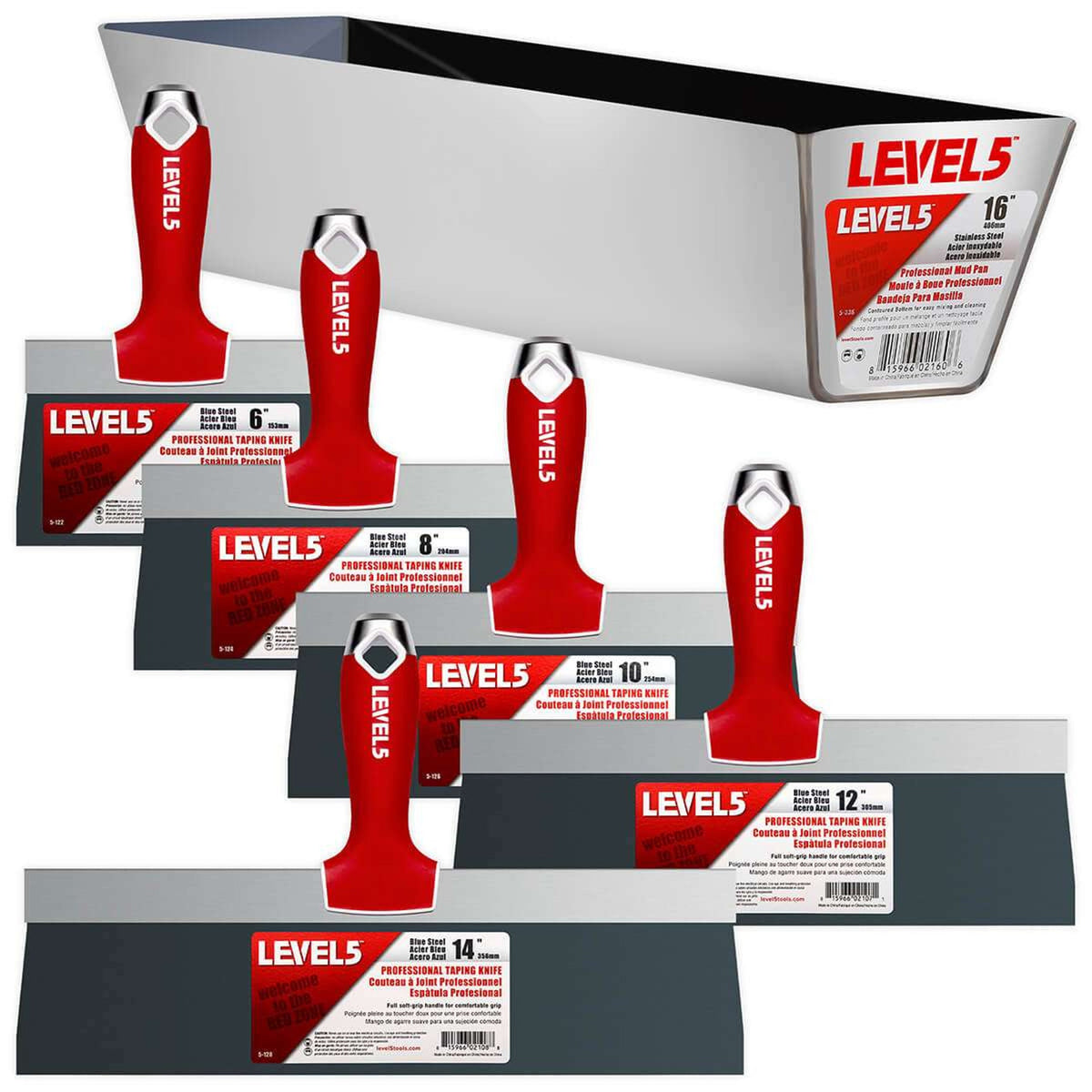 LEVEL5 Blue Steel Taping Knife Set with Soft-Grip Handles, 6"–14" (Model 5-605)