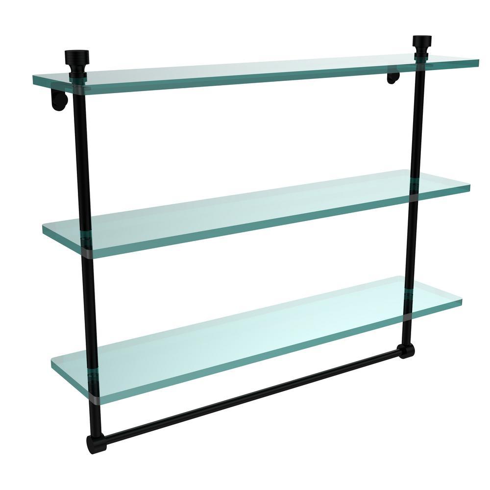 Foxtrot 22 in. L  x 18 in. H  x 5 in. W 3-Tier Clear Glass Bathroom Shelf with Towel Bar in Satin Nickel - Super Arbor