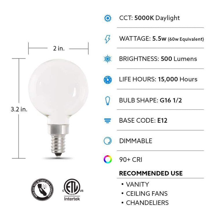 Feit Electric 60-Watt Equivalent G16.5 Candelabra Dimmable Filament ENERGY STAR White Glass LED Light Bulb, Daylight (2-Pack)