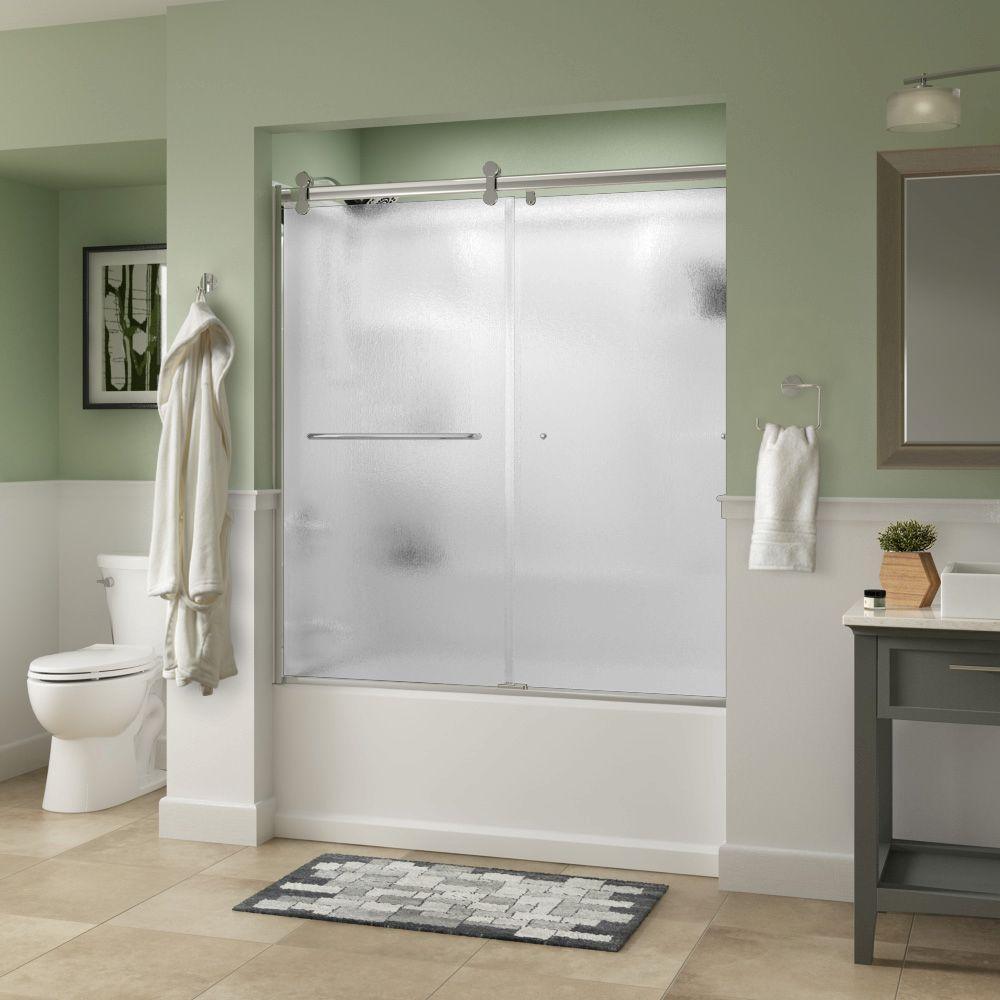 Simplicity 60 x 58-3/4 in. Frameless Contemporary Sliding Bathtub Door in Nickel with Transition Glass - Super Arbor