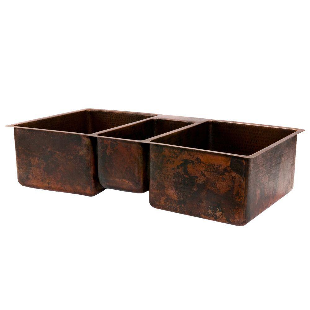 All-in-One Undermount Hammered Copper 42 in. 0-Hole Triple Bowl Kitchen Sink in Oil Rubbed Bronze - Super Arbor