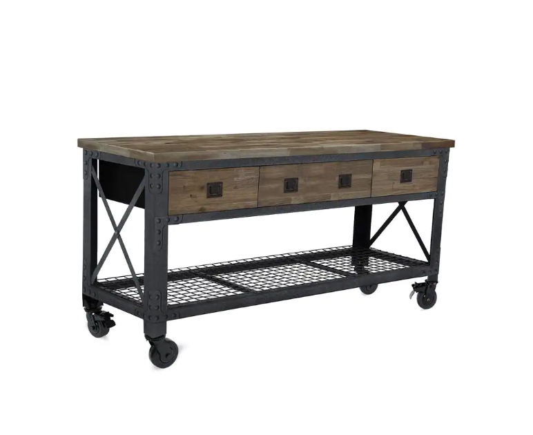 72 in x 24 in. 3-Drawer Rolling Industrial Workbench with Wood Top, Aged Macadamia
