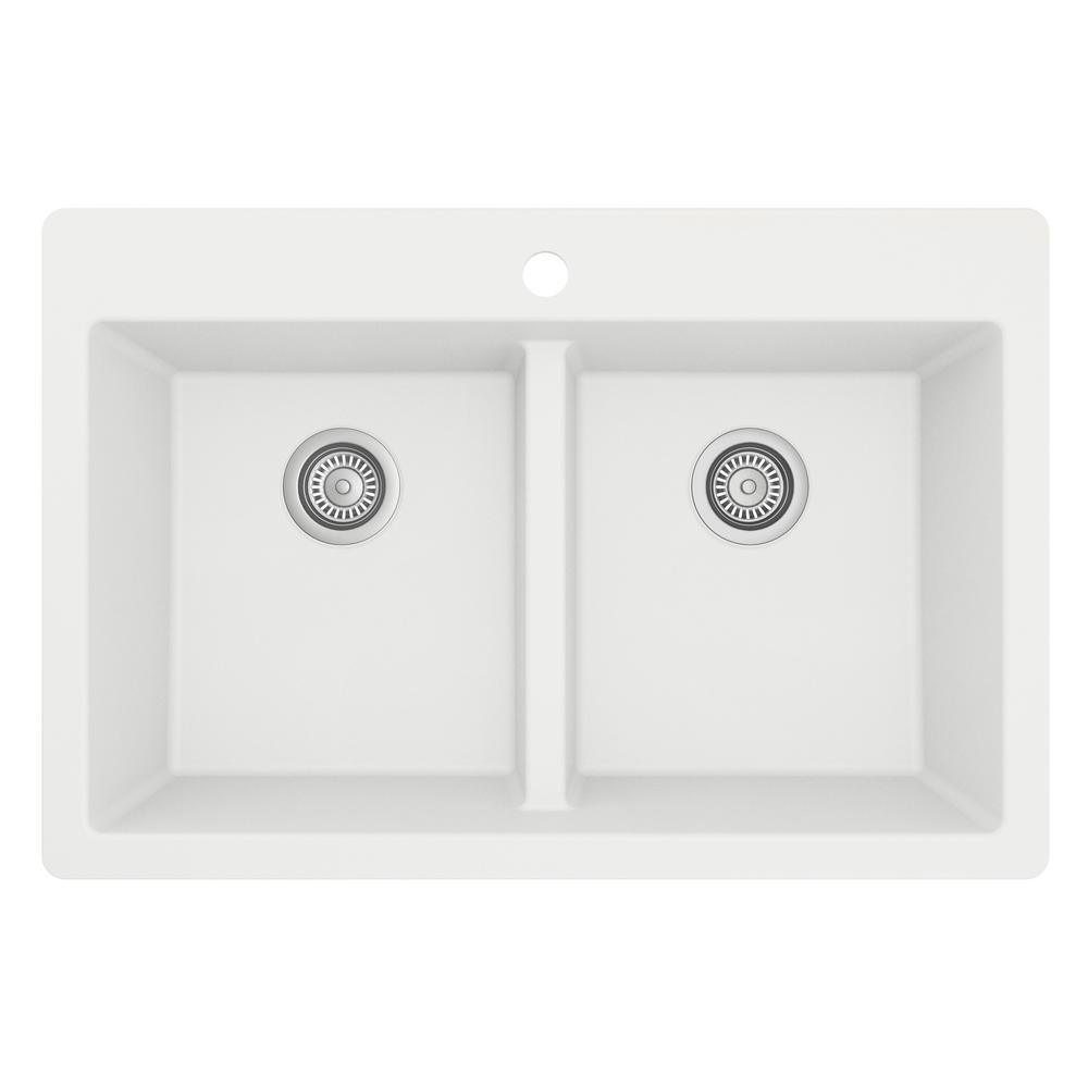 White Quartz 33 in. 50/50  Double Bowl Composite Drop-in Kitchen Sink - Super Arbor